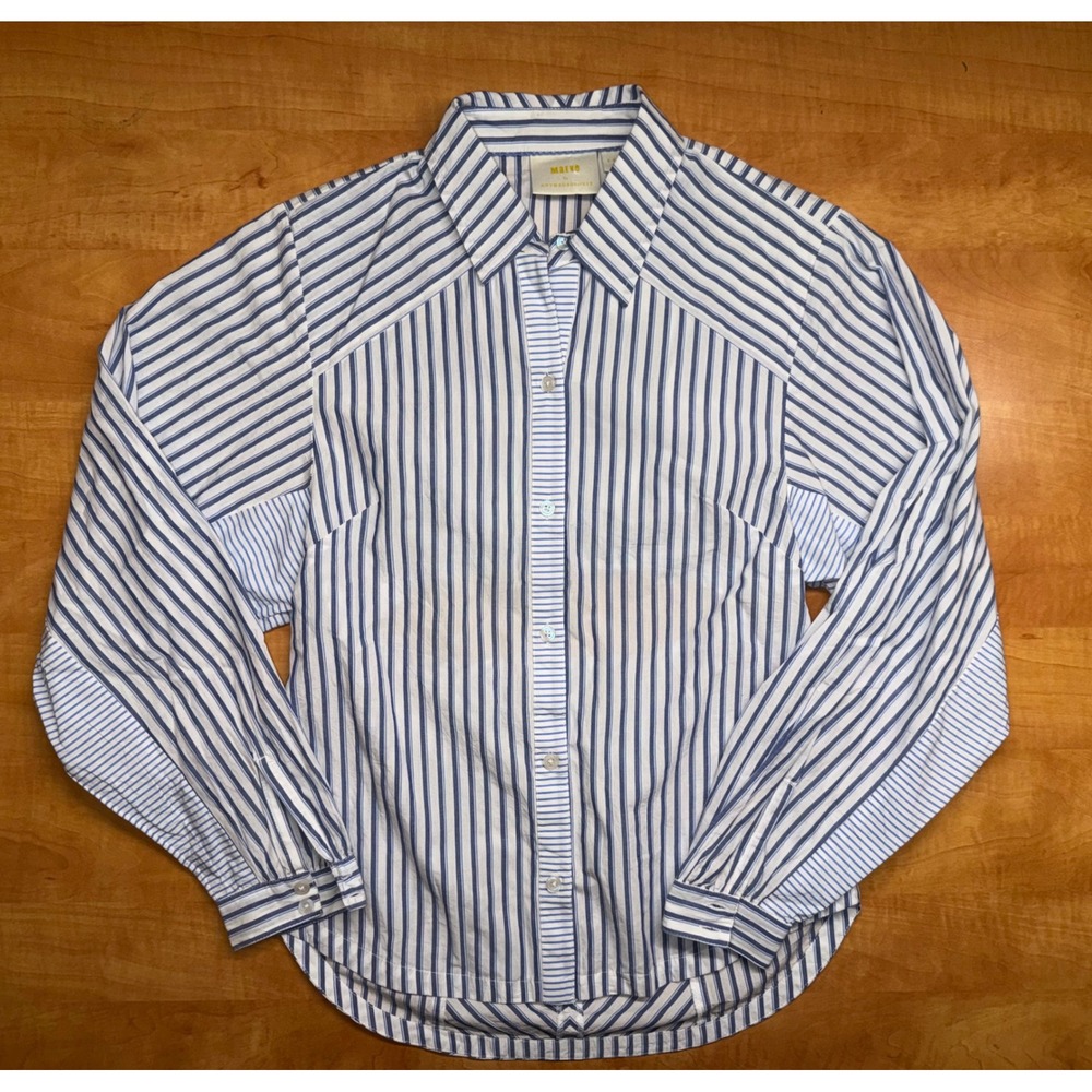 Maeve Anthropologie Blue White Striped Cotton Cutout Back Button Down Shirt XS